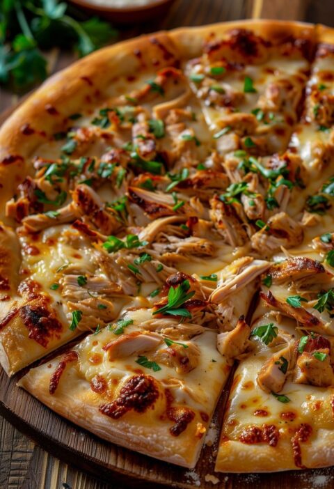 Chicken Pizza with Lots of Cheese and Fresh Herbs
