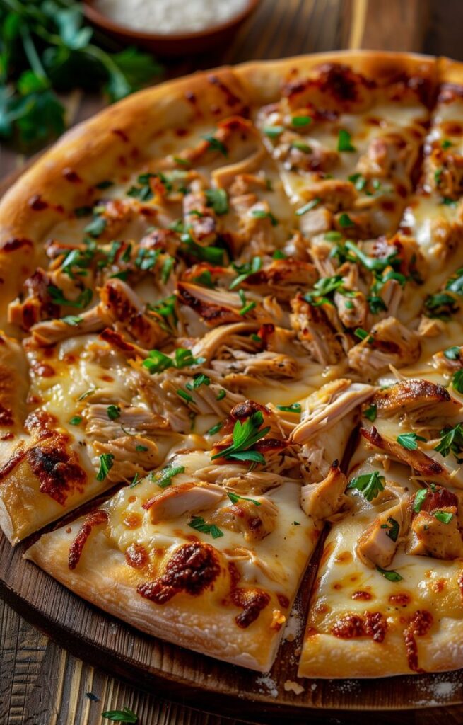 Chicken Pizza with Lots of Cheese and Fresh Herbs